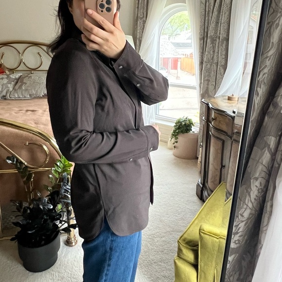 Theory Classic Straight Wool Shirt Long Sleeve Collared Button Up Mocha Brown - Picture 3 of 6